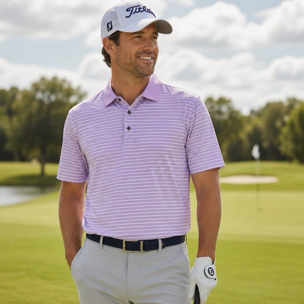 FootJoy Men’s L Lavender Aqua Stripe Performance Golf Polo Shirt Stretch Preppy